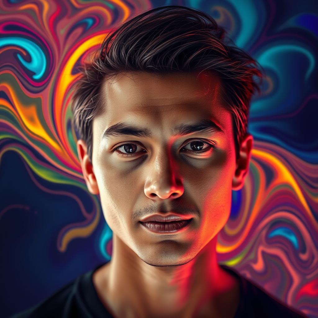 A portrait of a person with their face clearly visible, surrounded by a vibrant, colorful AI-generated abstract background consisting of swirling shapes and bright colors, creating a striking contrast with the facial features