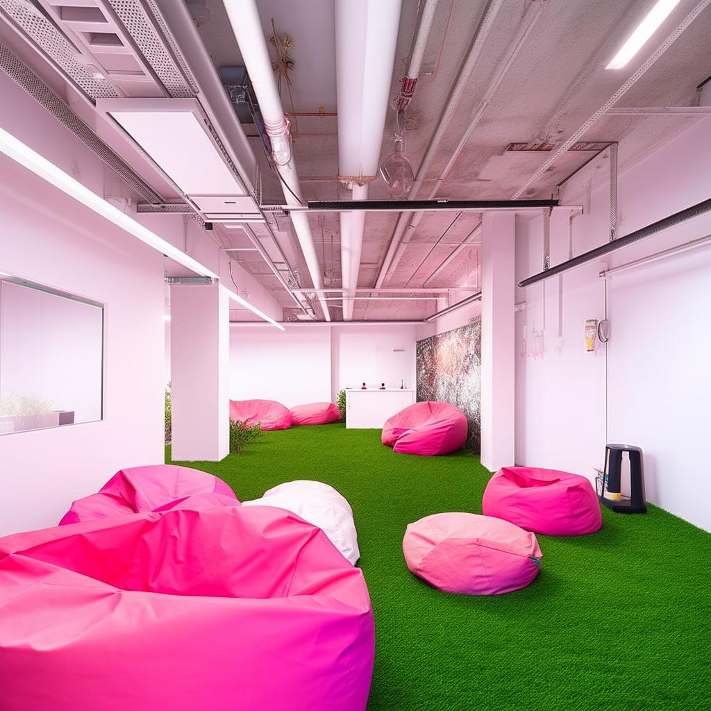 A futuristic co-working space predominantly in white adorned with hot pink accents, furnished with desks and chairs to accommodate 30 people. A 3x3 sq meters area covered with synthetic grass features 3-5 bean bags.