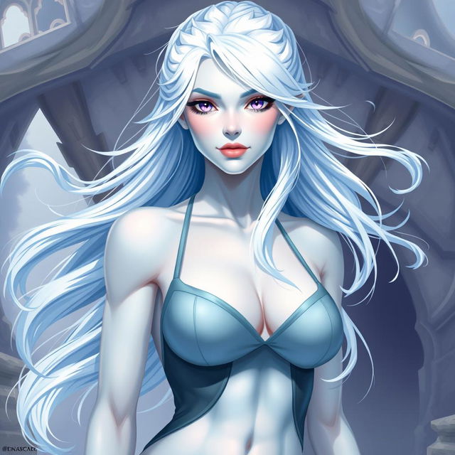 In the style of DnD character art, Maeve is portrayed as a striking figure with radiant light blue skin and elegant elven white hair that floats gently around her, giving her an ethereal quality