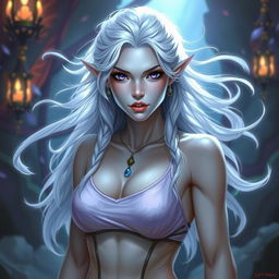 In the style of DnD character art, the striking figure of Maeve is depicted with light blue skin and ethereal white elven hair that gently floats around her, creating an aura of mystique