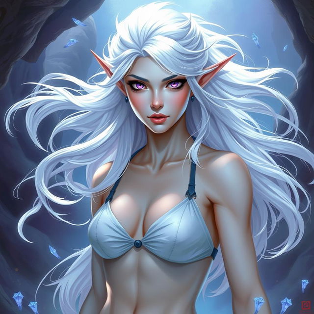 In the style of DnD character art, the striking figure of Maeve is depicted with light blue skin and ethereal white elven hair that gently floats around her, creating an aura of mystique