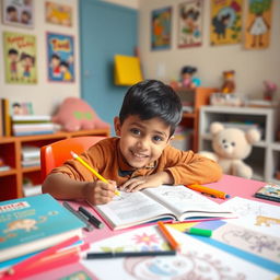 A cute light-skinned Indian boy, approximately 5 years old, diligently working on his homework at a colorful study table filled with books and stationery