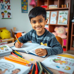 A cute light-skinned Indian boy, approximately 5 years old, diligently working on his homework at a colorful study table filled with books and stationery
