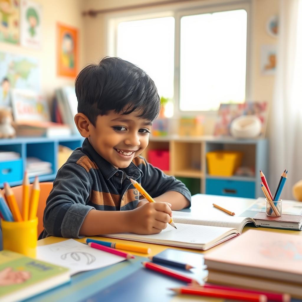 A cute light-skinned Indian boy, approximately 5 years old, diligently working on his homework at a colorful study table filled with books and stationery