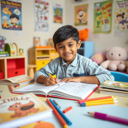 A cute light-skinned Indian boy, approximately 5 years old, diligently working on his homework at a colorful study table filled with books and stationery