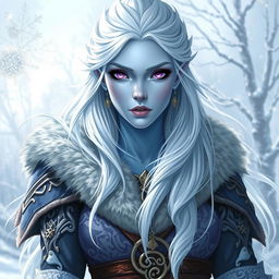 In a fantastical Dungeons and Dragons character art style, Maeve is depicted as a striking figure with light blue skin and elven features
