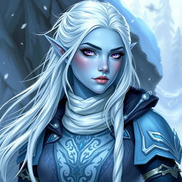 In a fantastical Dungeons and Dragons character art style, Maeve is depicted as a striking figure with light blue skin and elven features