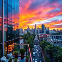 A stunning city skyline view from the 7th floor of a modern glass building, showcasing a vibrant sunset with hues of orange, pink, and purple in the sky
