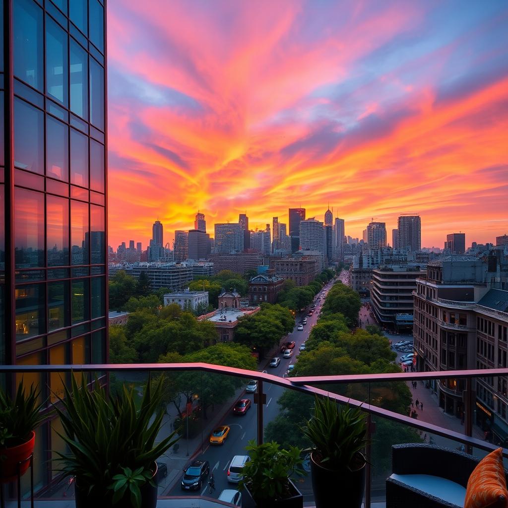 A stunning city skyline view from the 7th floor of a modern glass building, showcasing a vibrant sunset with hues of orange, pink, and purple in the sky