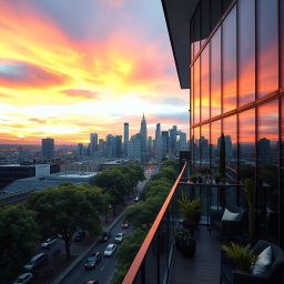 A stunning city skyline view from the 7th floor of a modern glass building, showcasing a vibrant sunset with hues of orange, pink, and purple in the sky