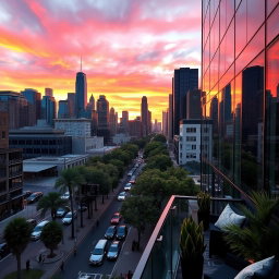 A stunning city skyline view from the 7th floor of a modern glass building, showcasing a vibrant sunset with hues of orange, pink, and purple in the sky