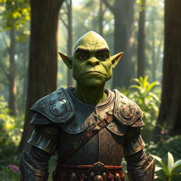 A peaceful orc wearing splintmail armor, standing in a serene forest setting