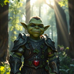 A peaceful orc wearing splintmail armor, standing in a serene forest setting