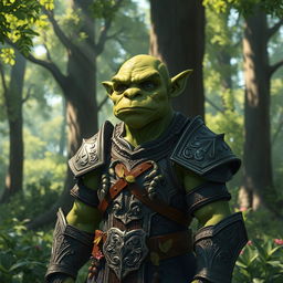 A peaceful orc wearing splintmail armor, standing in a serene forest setting