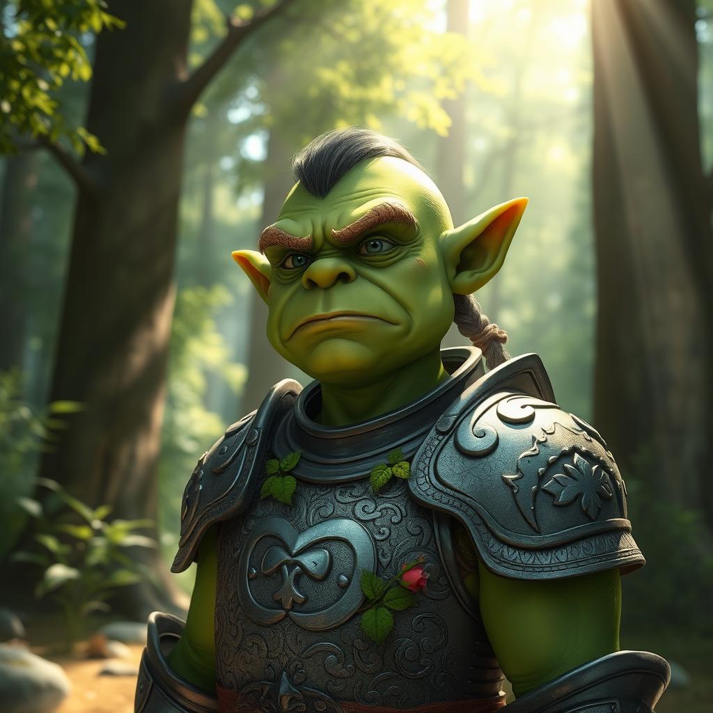 A peaceful orc wearing splintmail armor, standing in a serene forest setting