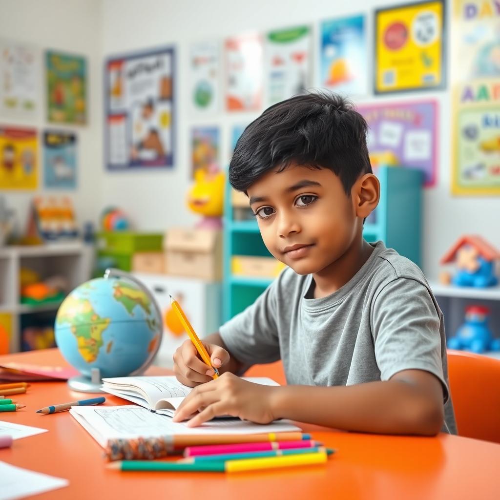A light-skinned Indian boy, around 6 years old, sitting at a colorful study table, focused on his homework