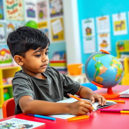A light-skinned Indian boy, around 6 years old, sitting at a colorful study table, focused on his homework