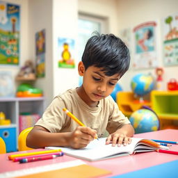 A light-skinned Indian boy, around 6 years old, sitting at a colorful study table, focused on his homework