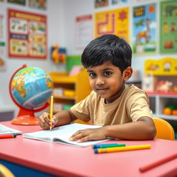 A light-skinned Indian boy, around 6 years old, sitting at a colorful study table, focused on his homework