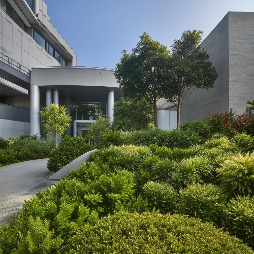 A lush and beautiful horticulture scene in the front of a modern hospital building.