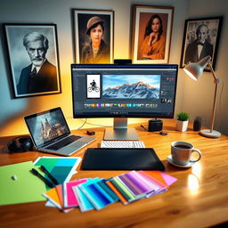 A visually engaging desktop scene showcasing the concept of photo editing mastery, featuring a large computer screen displaying advanced editing software with an impressive photo on it, a stylish laptop propped open beside it, vibrant color palettes spread across the desk, an array of professional editing tools like a graphic tablet, stylish headphones, and a cup of coffee