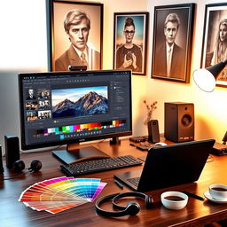 A visually engaging desktop scene showcasing the concept of photo editing mastery, featuring a large computer screen displaying advanced editing software with an impressive photo on it, a stylish laptop propped open beside it, vibrant color palettes spread across the desk, an array of professional editing tools like a graphic tablet, stylish headphones, and a cup of coffee