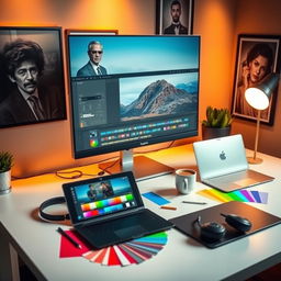 A visually engaging desktop scene showcasing the concept of photo editing mastery, featuring a large computer screen displaying advanced editing software with an impressive photo on it, a stylish laptop propped open beside it, vibrant color palettes spread across the desk, an array of professional editing tools like a graphic tablet, stylish headphones, and a cup of coffee