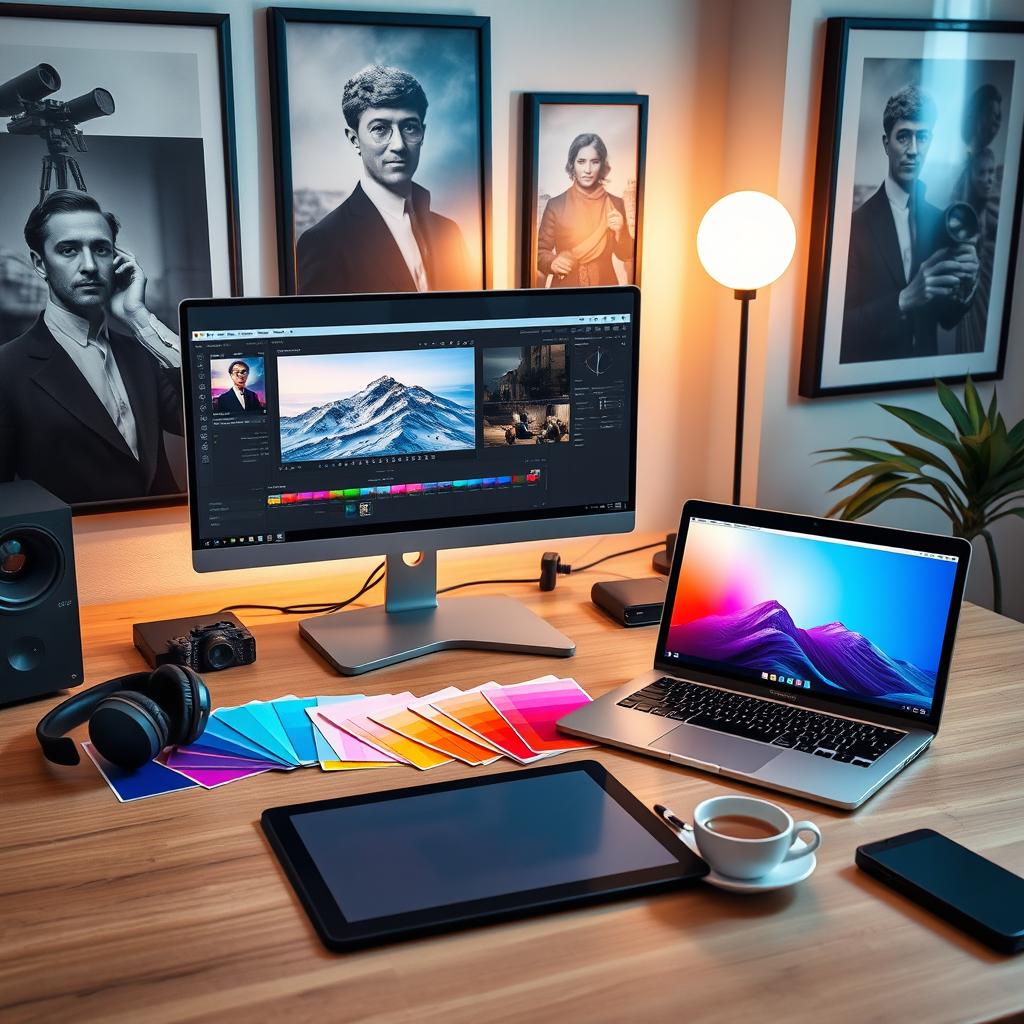 A visually engaging desktop scene showcasing the concept of photo editing mastery, featuring a large computer screen displaying advanced editing software with an impressive photo on it, a stylish laptop propped open beside it, vibrant color palettes spread across the desk, an array of professional editing tools like a graphic tablet, stylish headphones, and a cup of coffee