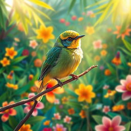 A vibrant and colorful depiction of a small bird, known as a 'pajarito', perched on a delicate branch