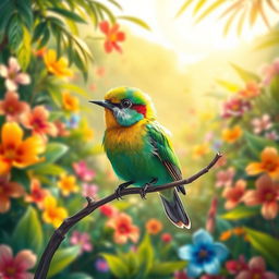 A vibrant and colorful depiction of a small bird, known as a 'pajarito', perched on a delicate branch
