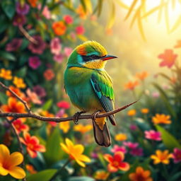 A vibrant and colorful depiction of a small bird, known as a 'pajarito', perched on a delicate branch