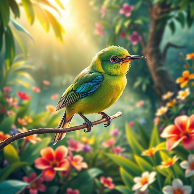 A vibrant and colorful depiction of a small bird, known as a 'pajarito', perched on a delicate branch