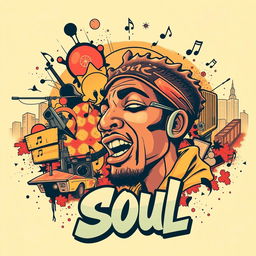 A vibrant album cover illustration for a soul music record, incorporating elements of urban street art with a rebellious edge