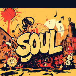 A vibrant album cover illustration for a soul music record, incorporating elements of urban street art with a rebellious edge