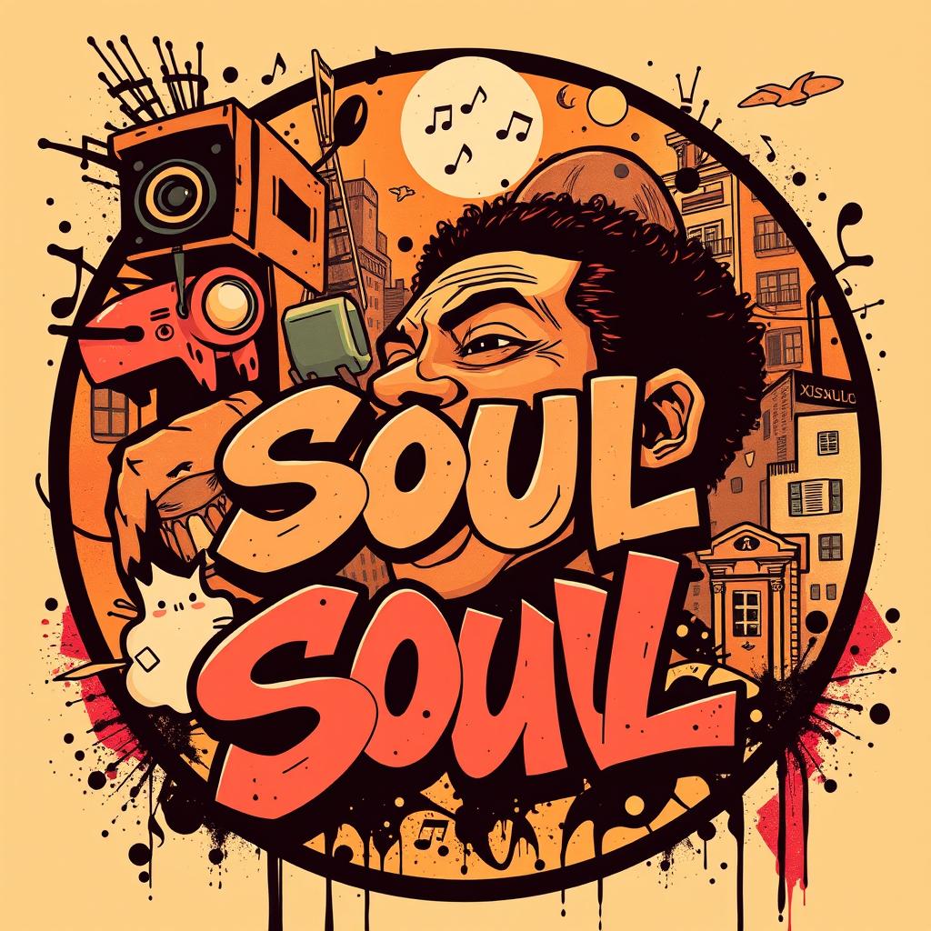A vibrant album cover illustration for a soul music record, incorporating elements of urban street art with a rebellious edge