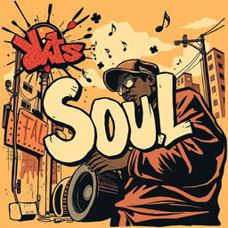 A vibrant album cover illustration for a soul music record, incorporating elements of urban street art with a rebellious edge