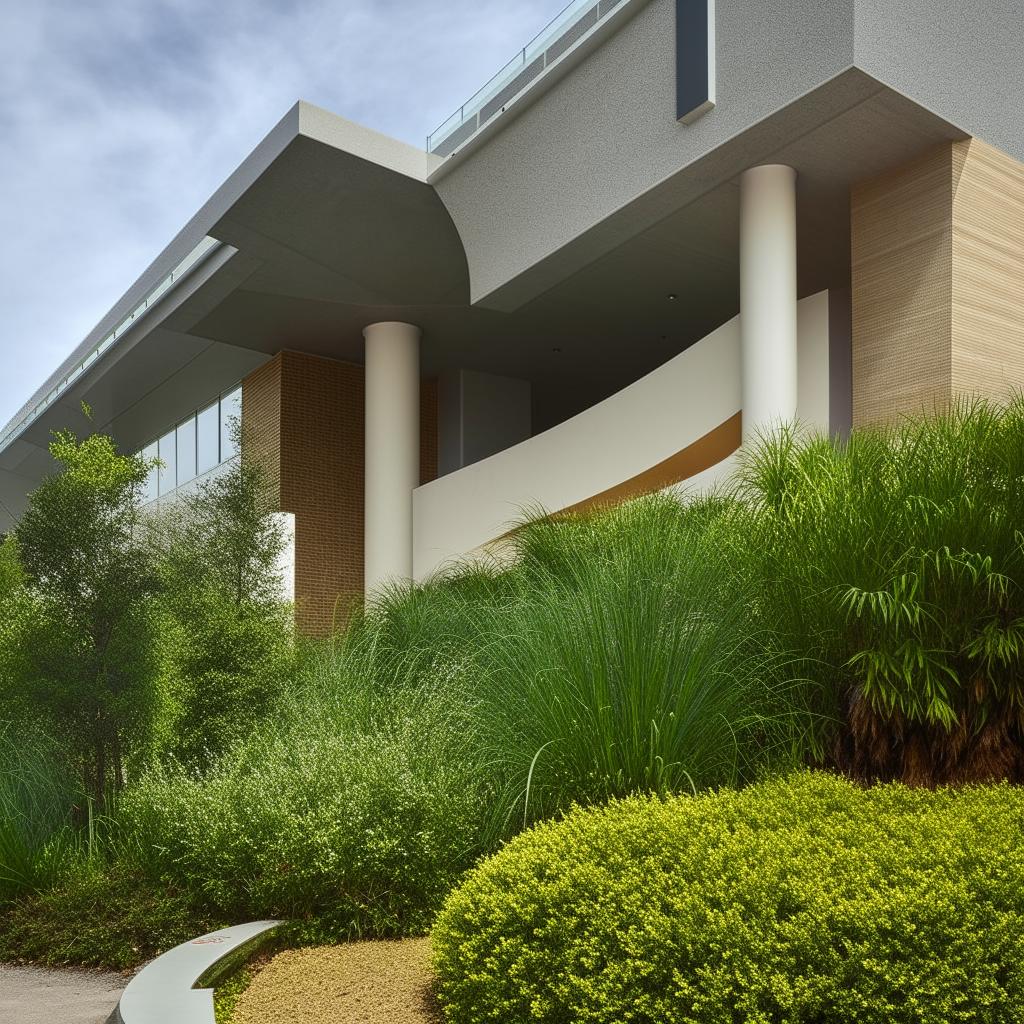 A lush and beautiful horticulture scene in the front of a modern hospital building.