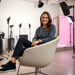 A person sitting on a stylish chair in a modern photo studio