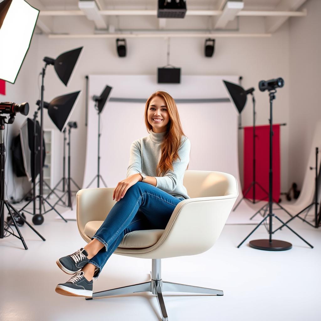 A person sitting on a stylish chair in a modern photo studio