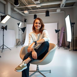 A person sitting on a stylish chair in a modern photo studio
