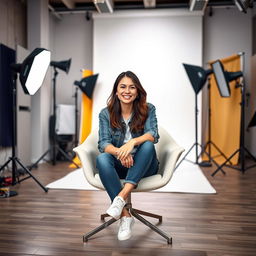 A person sitting on a stylish chair in a modern photo studio