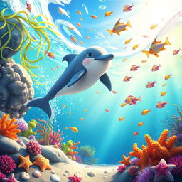 A vibrant and dynamic animation scene showcasing a whimsical underwater world filled with colorful coral reefs and exotic fish