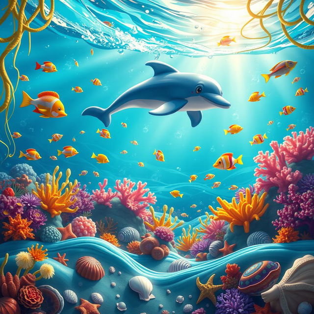 A vibrant and dynamic animation scene showcasing a whimsical underwater world filled with colorful coral reefs and exotic fish
