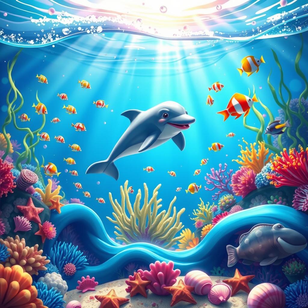 A vibrant and dynamic animation scene showcasing a whimsical underwater world filled with colorful coral reefs and exotic fish
