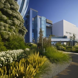 A lush and beautiful horticulture scene in the front of a modern hospital building.