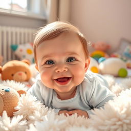 A cute baby lying on a fluffy white blanket surrounded by soft toys, with big bright eyes and a joyful smile