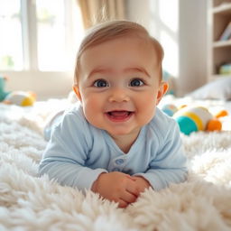 A cute baby lying on a fluffy white blanket surrounded by soft toys, with big bright eyes and a joyful smile