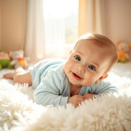 A cute baby lying on a fluffy white blanket surrounded by soft toys, with big bright eyes and a joyful smile
