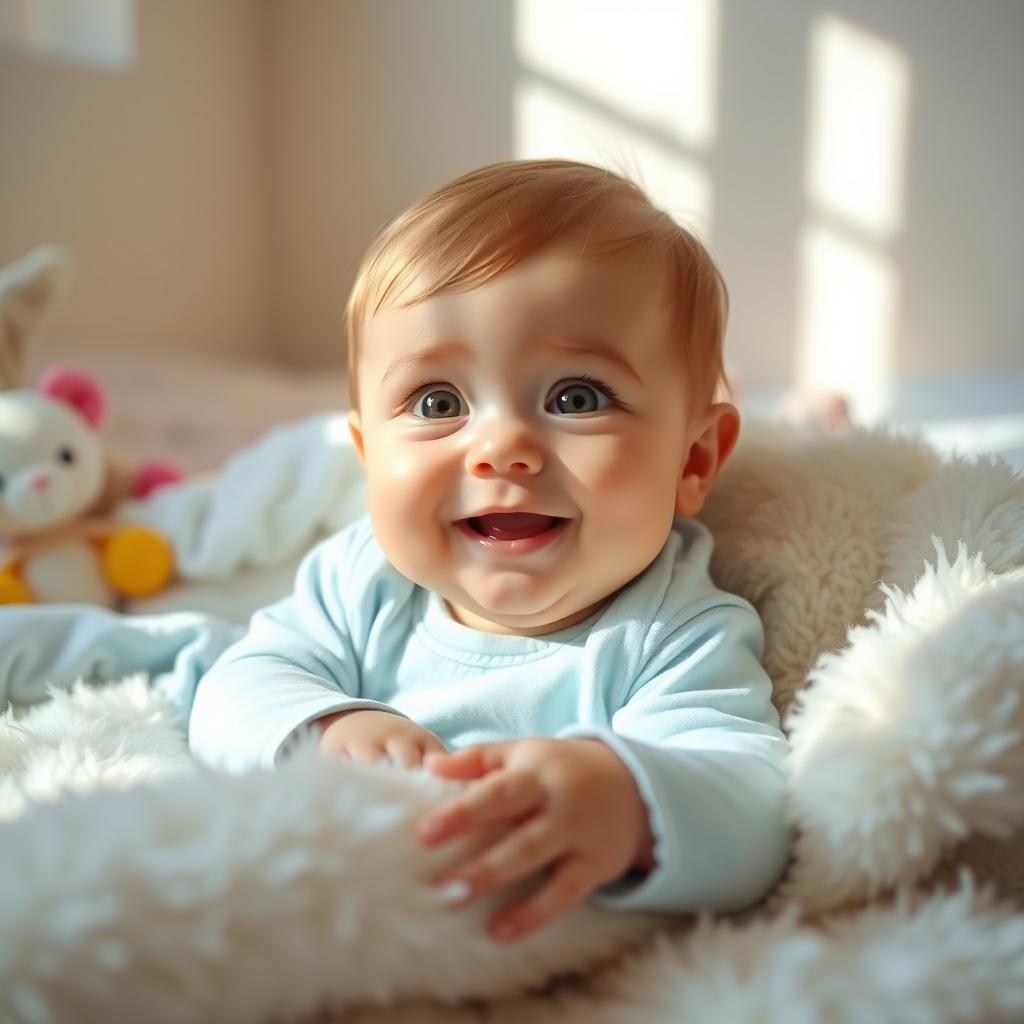 A cute baby lying on a fluffy white blanket surrounded by soft toys, with big bright eyes and a joyful smile