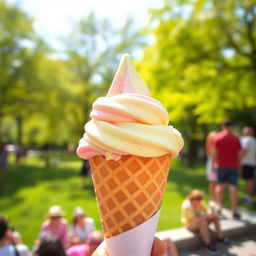 A delicious scoop of waffle cone ice cream in the foreground, vibrantly colored and reflecting the light